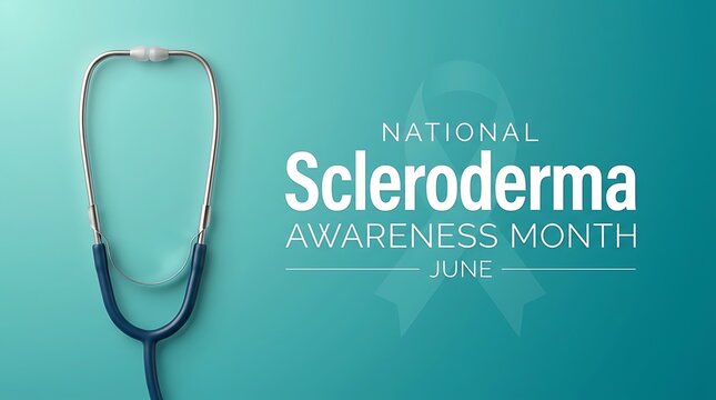 National scleroderma awareness month June teal ribbon and stethoscope medical symbol for health care awareness campaign support and information.