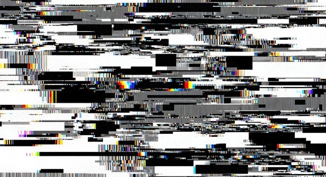 Digital screen glitch texture with pixelated distortion. Data corruption and broken video signal error concept. Horizontal colorful static noise lines displaying technical malfunction