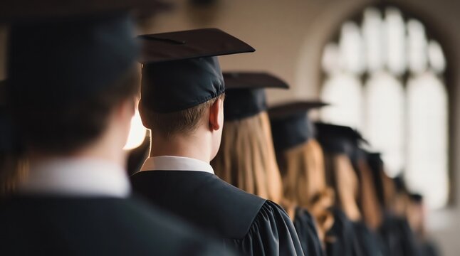 Graduates in Academic Gowns Standing in Row During University Ceremony Education Concept