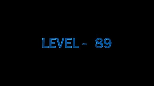 Level 89 text animation, dynamic blue glowing effect appearing on black background digital lettering