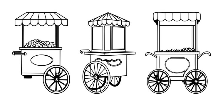 Retro popcorn cart set with black line art on white background featuring arcade, movie, snack with vector illustration and icon