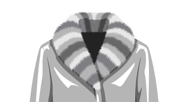 Elegant grey coat with a luxurious fur collar in a minimalist illustration, showcasing soft textures and stylish design against a white background