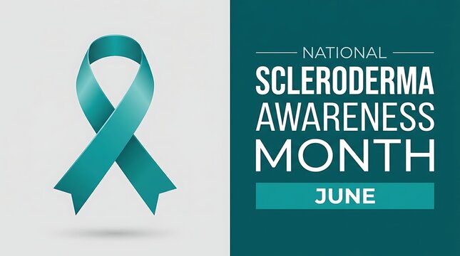 Teal awareness ribbon and text for national scleroderma awareness month in June a healthcare and medical event for education and support.