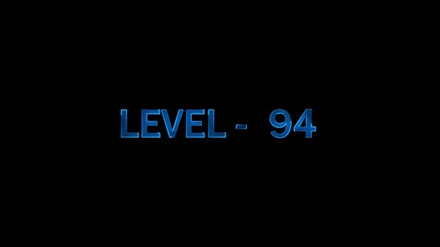 Level 94 text animation, blue glow effect, dark background, dynamic reveal, gaming