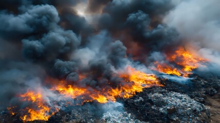 Fototapeta premium Landfill fire producing thick black smoke engulfing sky
