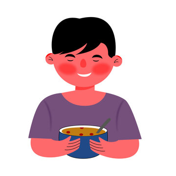 Character illustration of boy kids eats soup. Little boy breakfast portrait cartoon vector.