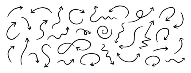 Squiggly arrows doodle set. Curve and Spiral comic symbols in sketch style. Hand drawn style with brush and pencil strokes. Flat vector illustration isolated on white. © Gfxgner
