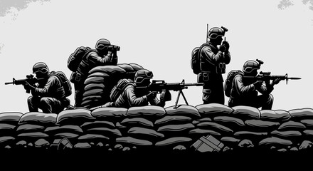 Obraz premium Soldiers in Defensive Position with Weapons, Military Combat Scene