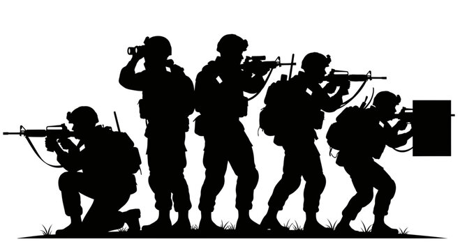 Silhouette Soldiers with Rifles, Military Operation Team
