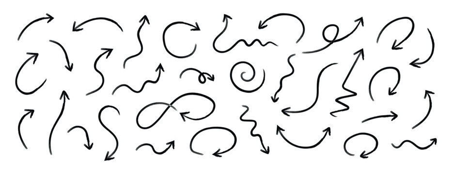 Squiggly arrows doodle set. Curve and Spiral comic symbols in sketch style. Hand drawn style with brush and pencil strokes. Flat vector illustration isolated on white.