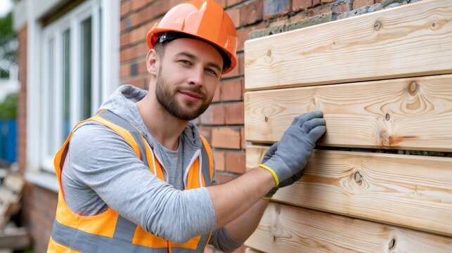Smiling construction worker installing new wood cladding