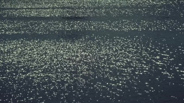 Sparkling Water Surface with Bright Sun Glare and Reflections. Dark Blue Ripples of Sea with Glittering Sunlight