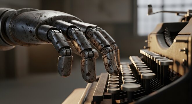 Rusty robotic hand typing on an old vintage typewriter. Mechanical evolution and nostalgic technology crossover. Weathered android fingers pressing keys in a moody workshop setting