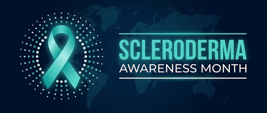 National scleroderma awareness month with teal ribbon symbol and global map background for support and awareness.