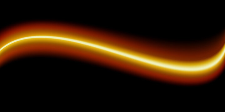 Red light trail element. Glowing neon speed line wave. Hot fire color luminous curved path concept. Bright fiery streaks for poster, banner, flyer. Abstract bent dynamic motion stripes. Vector