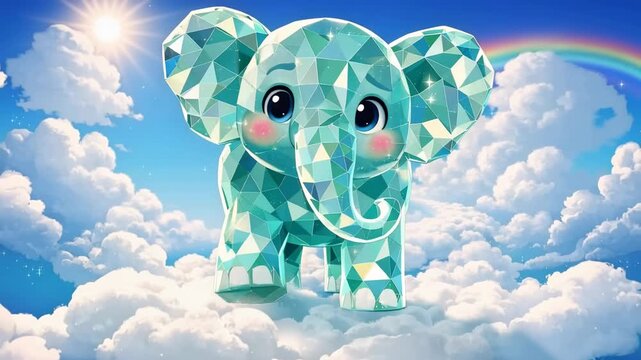 Cute geometric elephant character in colorful sky with rainbow and clouds in fantasy cartoon style