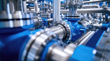 Fototapeta premium Industrial pipe system with blue valves for process engineering