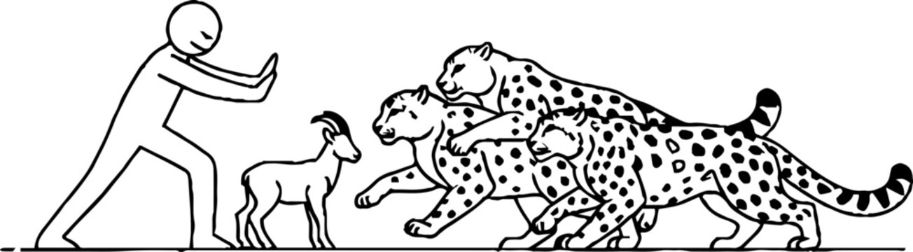 Person Guarding Young Goat from Leopards Line Art