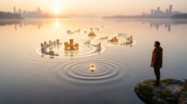 A solitary figure observes an ethereal, glowing city of the future materializing on tranquil waters at dawn, embodying a strategic vision for urban progress and innovative development