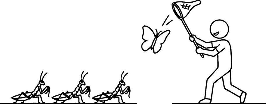 Man chasing butterfly with net near praying mantises