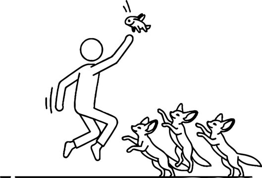 Person jumping with fennec foxes and small animal