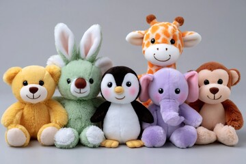 Fototapeta premium Group of cute stuffed animals sitting together smiling