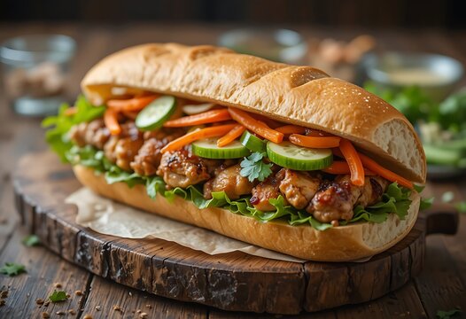Fresh delicious baguette sandwich with grilled meat and vegetables on a rustic wooden board. chicken banh mi sandwich 