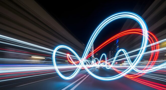 Abstract neon light trails on a city road. High speed data transfer and smart city connectivity. Glowing blue and red infinity loops moving through a dark urban highway.