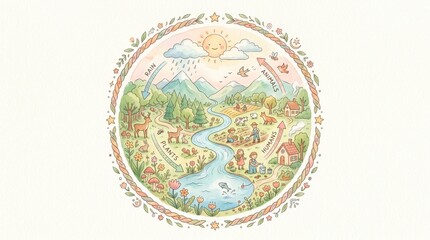 Fototapeta premium Whimsical circular illustration showing a harmonious cycle of nature, humans, animals, and plants