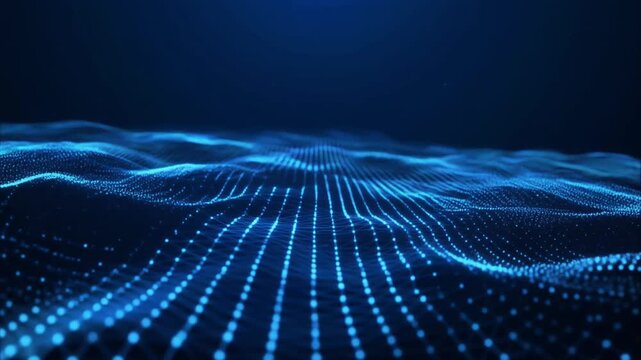 3D Blue Particle Wave Across Digital Ocean with Glowing Mesh VJ Loop Background 4k