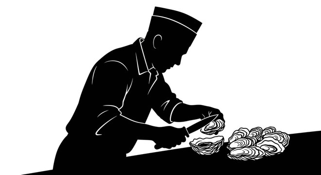 Professional chef shucking fresh oysters at a seafood station