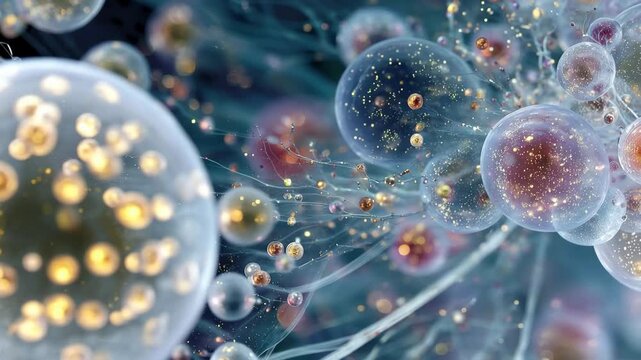 Abstract Representation of Molecules and Cells, A vibrant painting featuring colorful bubbles and various abstract objects against a textured