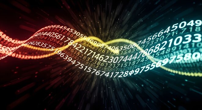 Flowing digital wave of glowing numbers and data streams. Big data and financial analytics. Abstract visualization of mathematical code moving through a dark virtual space