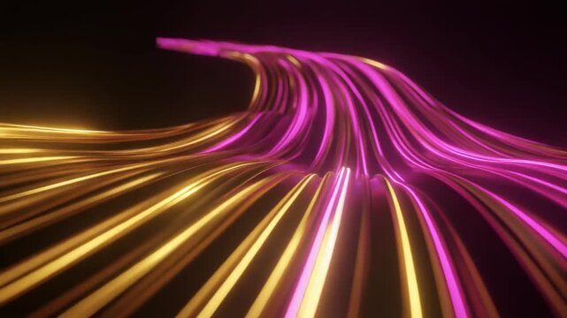 3d render VJ loop. Glowing golden wave d render, magenta accents and silklike ribbons of light creating smooth flowing motion, polished loop tailored for product reveals, 4k