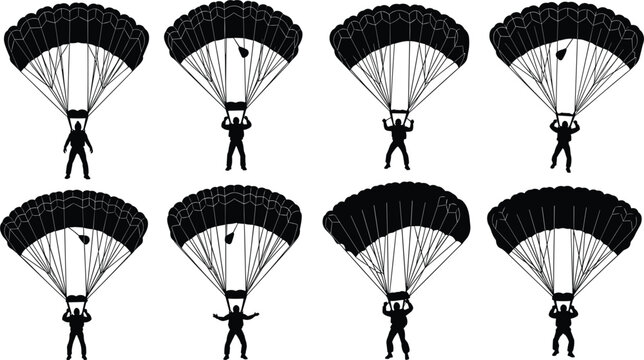 Parachuting and Skydiving Silhouette Icon Set Featuring Skydivers with Open Parachutes, Extreme Sports, Adventure Activities, and Air Jump Symbols