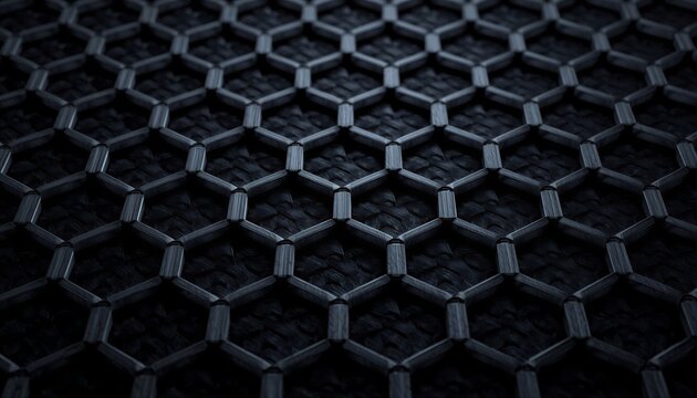 Futuristic black hexagonal carbon fiber weave pattern, high-tech industrial background.
