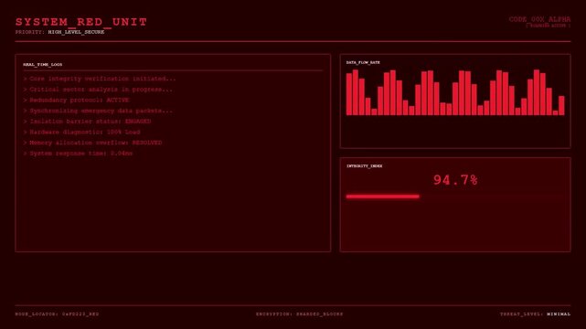 Futuristic System Red Unit HUD with Red Digital High Level Security Interface and Real Time Data Flow Analytics Integrity Index Monitoring Screen.
