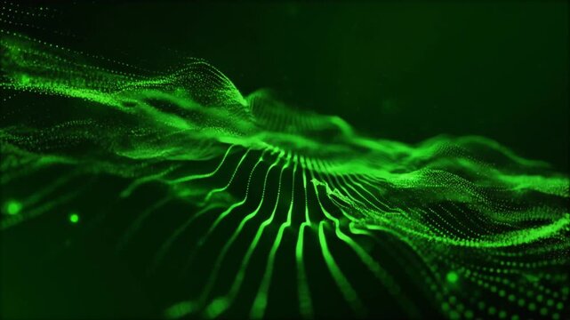 4k looped science fiction particle background with bokeh, light effects. Glow green color particles form lines, surfaces, complex structures.  4k