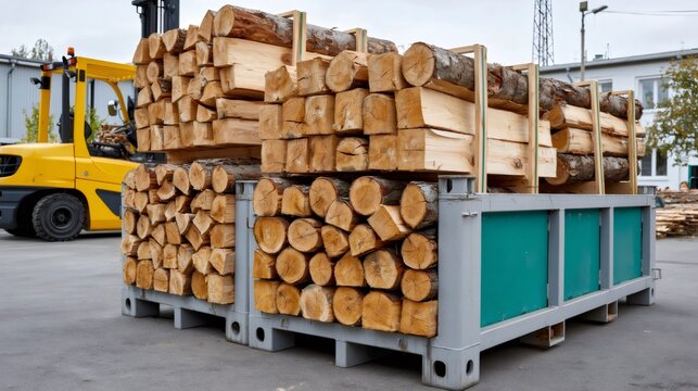 Firewood logs stacked in large industrial containers