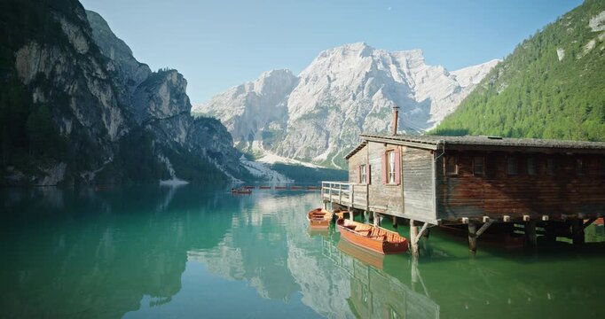 Wooden lake house at Lake Braies, Dolomites, Italy