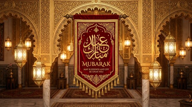 Eid mubarak banner with golden calligraphy in a luxurious mosque interior