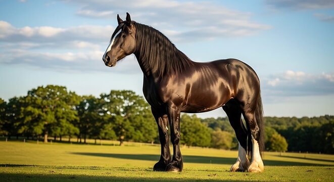Black horse with brown patches standing in a green field