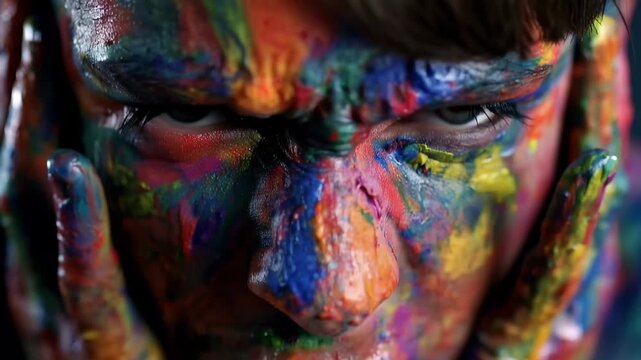 Artist Covered in Paint Expressing Emotion, A man with his face artistically painted in vibrant colors