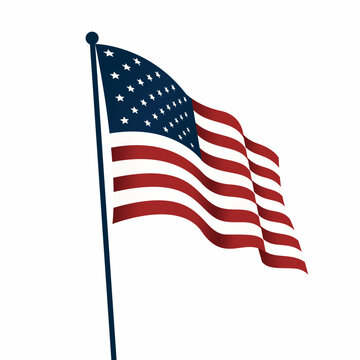 USA flag on pole, USA wavy flag 4th of july Happy Independence day isolated in white