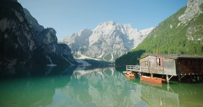 Old lake house at Lago Di Braies, Dolomites, Italy