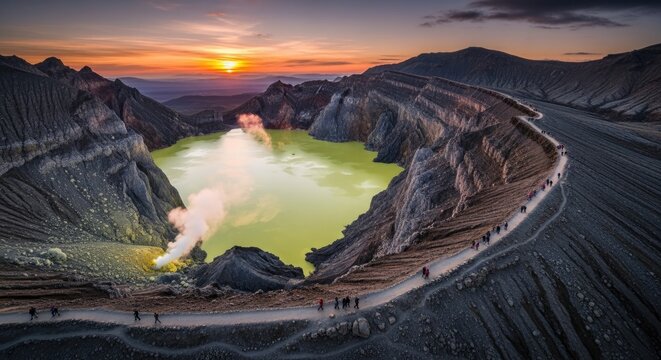 Kawah Ijen volcano crater at sunrise.
