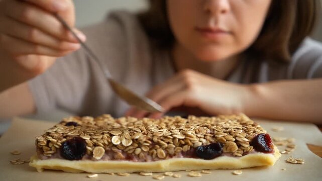 caucasian home cook smoothing and compacting granola layer over pastry base with spoon and palm, creating even bar surface, scattered oats and dark fruit visible, calm finishing step before bake 4k