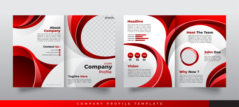 Modern company profile brochure template featuring about us section team introduction vision and contact details in bold red black and white design