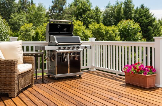 Gas grill on a wooden deck with patio furniture