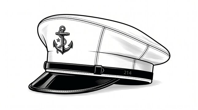 Classic white sailor cap with anchor emblem isolated on white background, inspired by traditional naval uniforms.